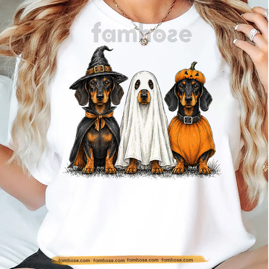 Halloween Dachshund Dog T-shirt, Cute Wiener Dog Ghost Witch Pumpkin Costume Tees Spooky Season Gift For Dog Lover