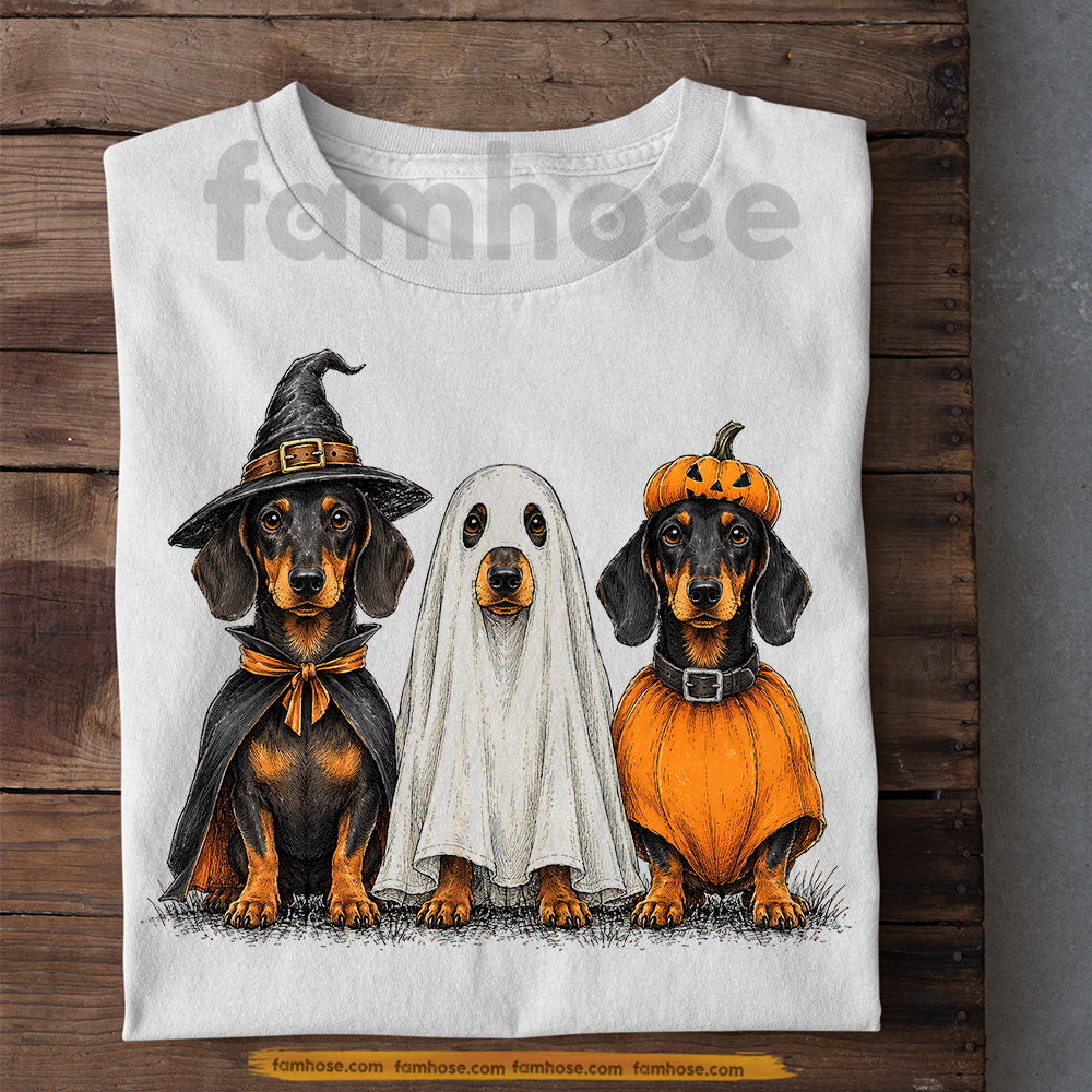 Halloween Dachshund Dog T-shirt, Cute Wiener Dog Ghost Witch Pumpkin Costume Tees Spooky Season Gift For Dog Lover