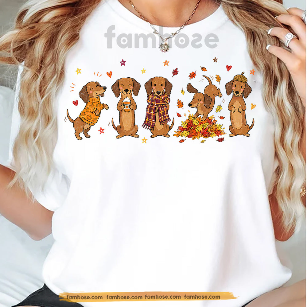 Fall Halloween Dachshund Dog T-Shirt, Cute Autumn Wiener Dog Tees Spooky Season Gift For Dog Lover