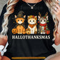 Halloween Thanksgiving Christmas Cat T-shirt, Happy Hallothanksmas Tees Spooky Season Gift For Cat Lover