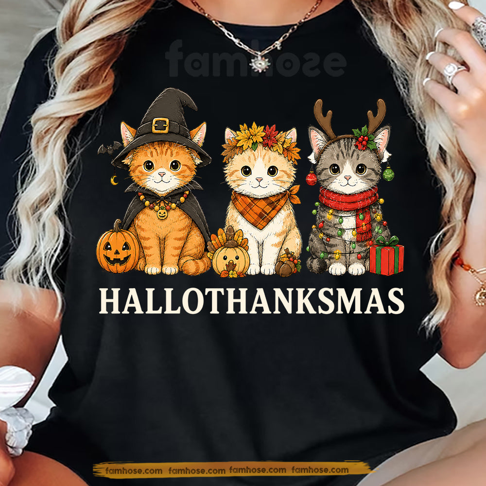 Halloween Thanksgiving Christmas Cat T-shirt, Happy Hallothanksmas Tees Spooky Season Gift For Cat Lover