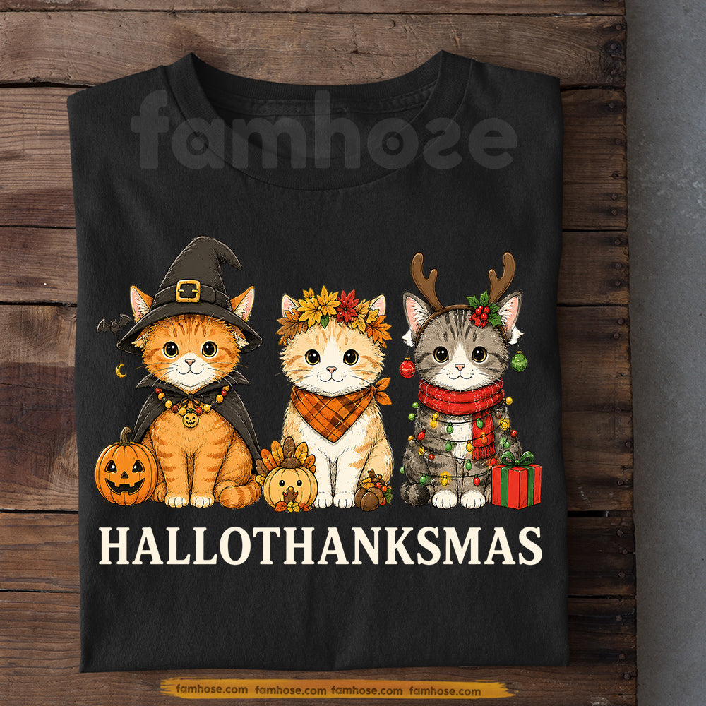 Halloween Thanksgiving Christmas Cat T-shirt, Happy Hallothanksmas Tees Spooky Season Gift For Cat Lover