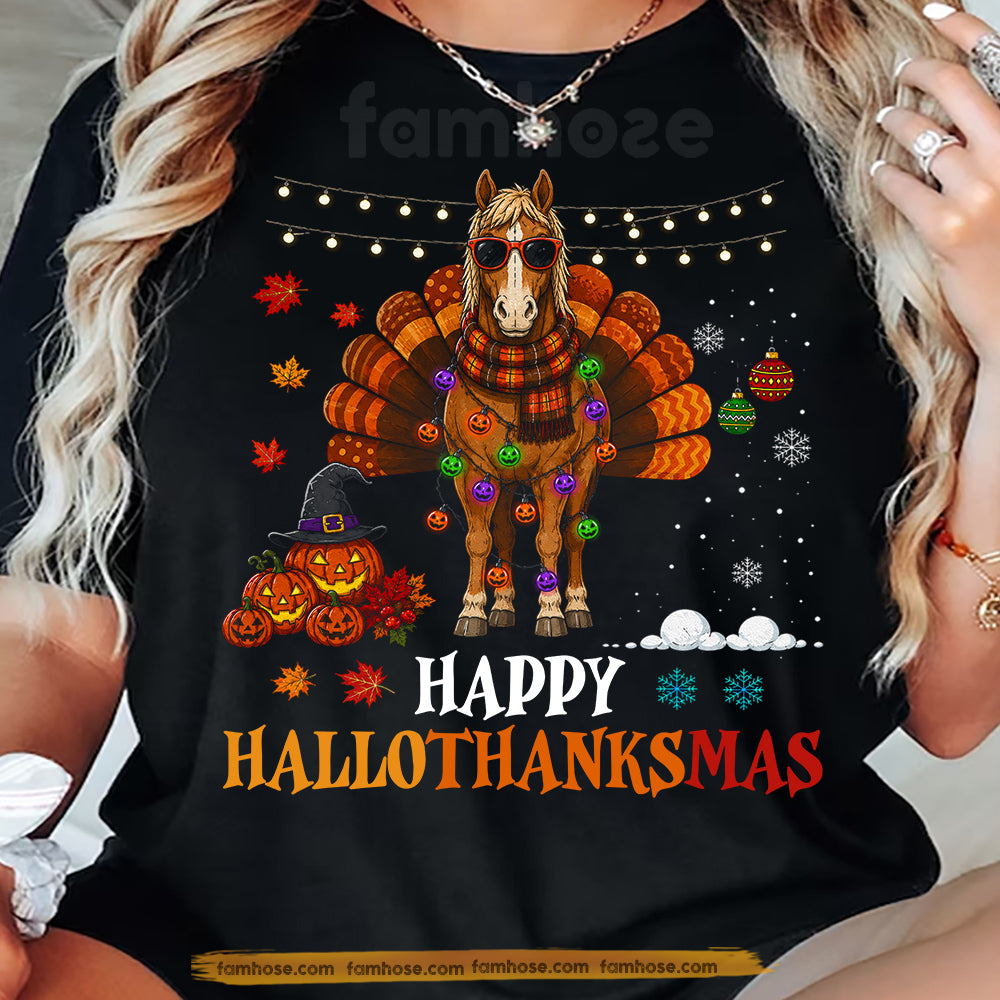 Halloween Thanksgiving Christmas Horse T-shirt, Happy Hallothanksmas Tees Spooky Season Gift For Horse Lover