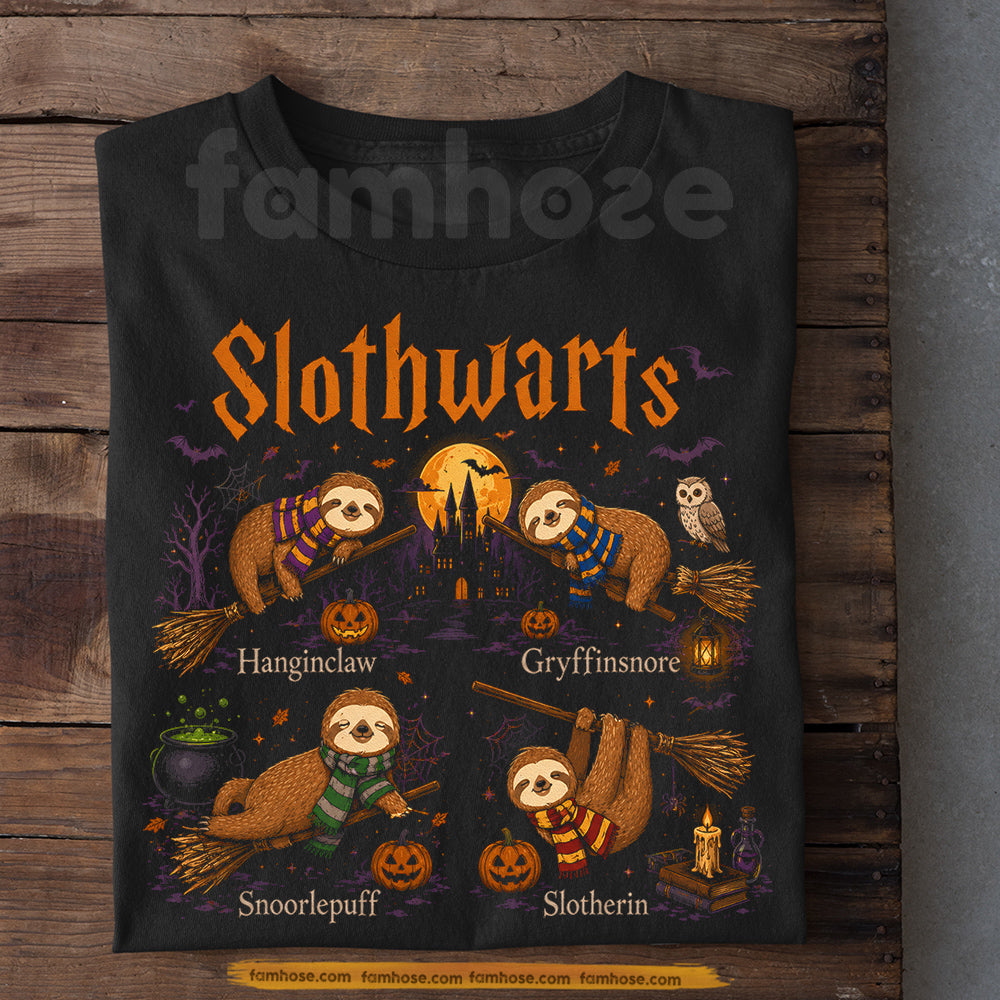 Funny Halloween Wizard Sloth T-Shirt, Slothwarts Tees Spooky Season Gift For Sloth Lover