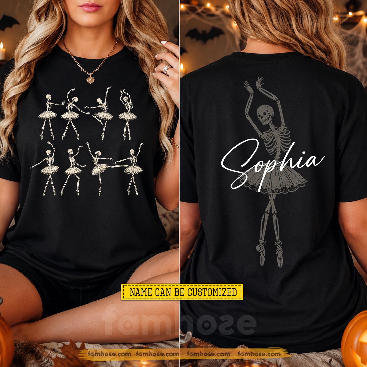 Funny Personalized Halloween Skeleton Ballerina Two-sided T-shirt, Ballet Beyond The Grave Tees Spooky Season Gift For Ballet Lover