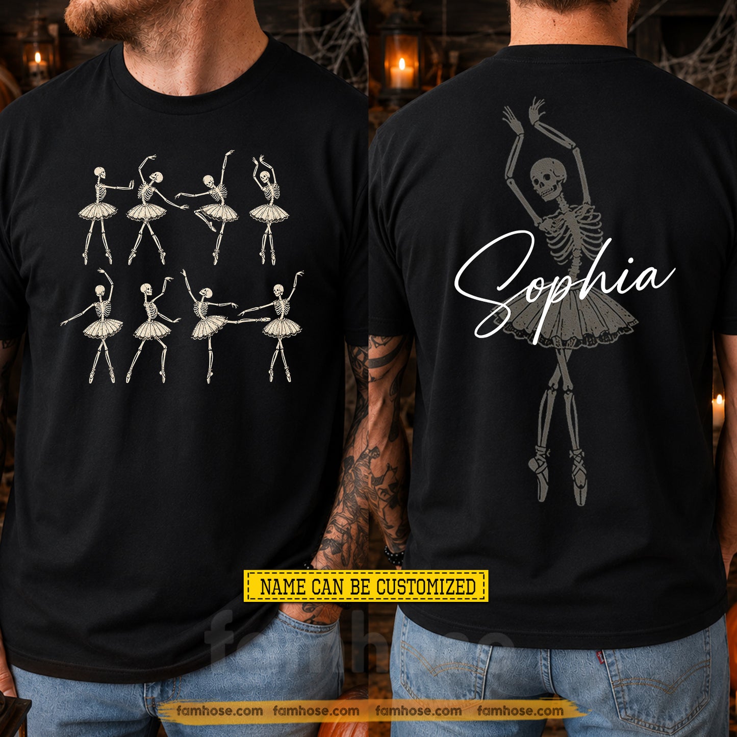 Funny Personalized Halloween Skeleton Ballerina Two-sided T-shirt, Ballet Beyond The Grave Tees Spooky Season Gift For Ballet Lover