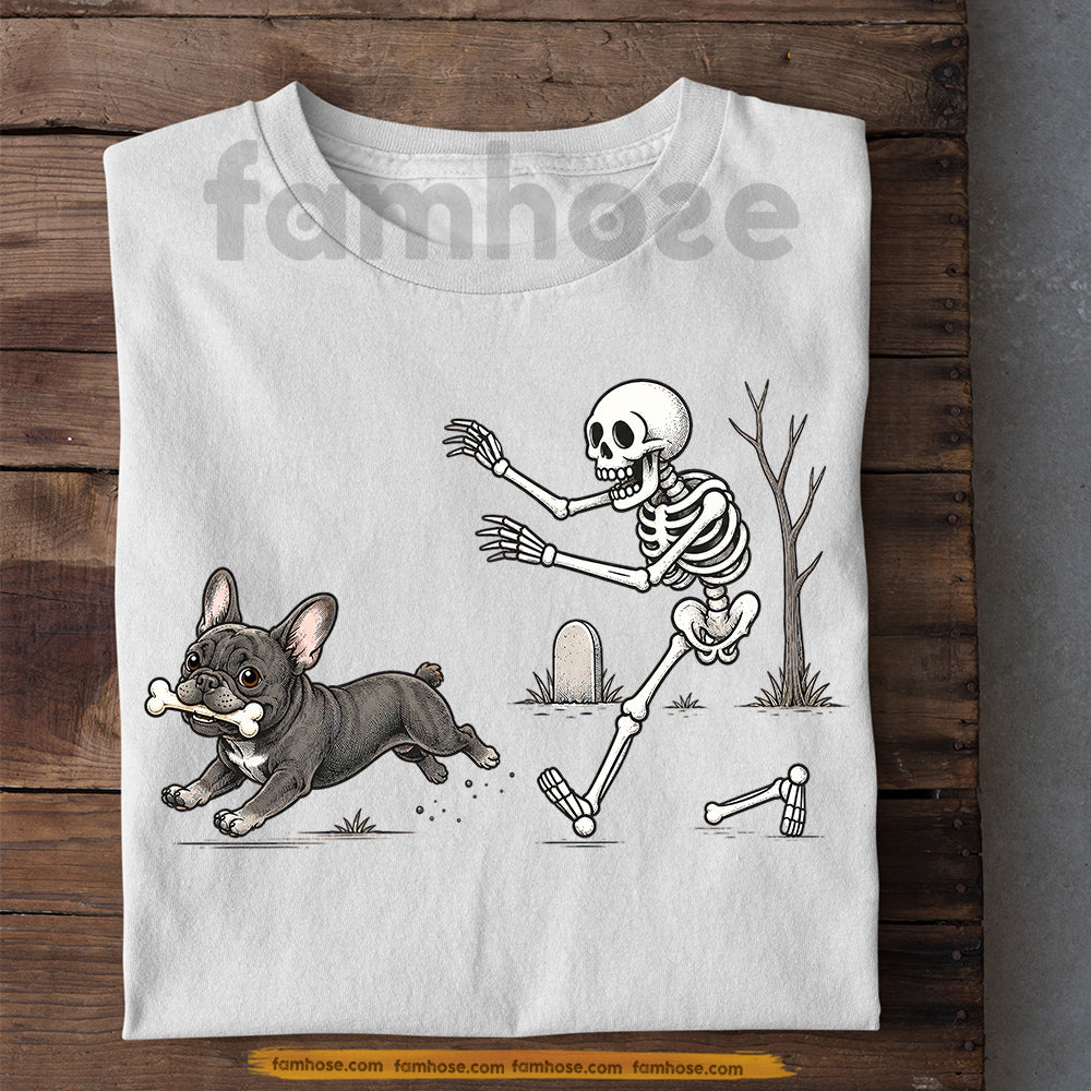Funny Halloween French Bulldog Dog T-Shirt, Skeleton Chasing Dog Tees Spooky Season Gift For Frenchie Lover