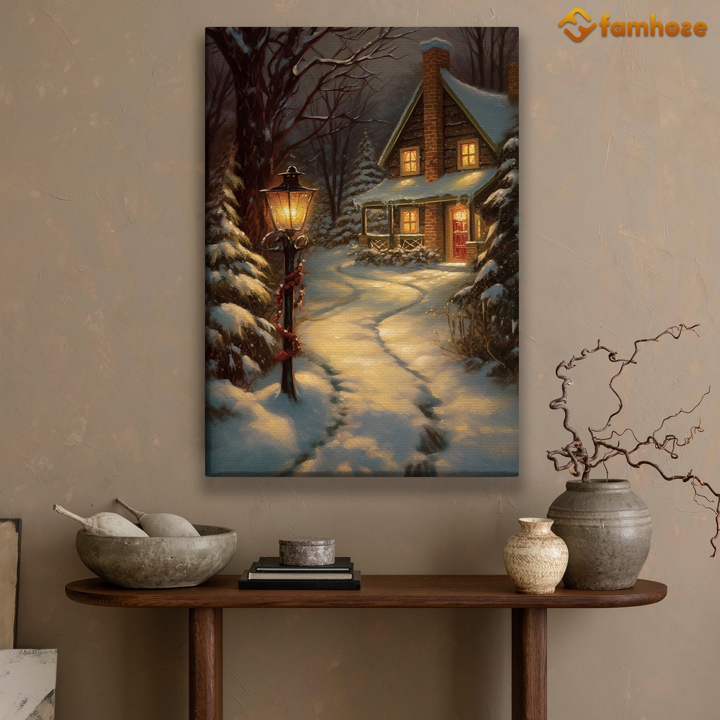 Warm Glow on a Snowy Eve A Cozy Cottage Retreat Christmas Canvas Painting, Xmas Wall Art Decor - Christmas Poster Gift