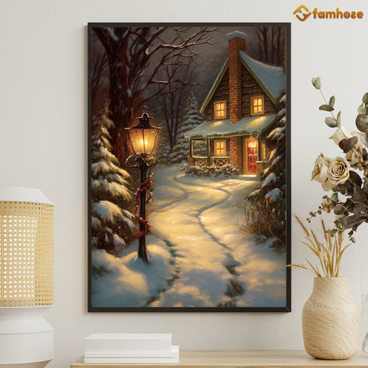 Warm Glow on a Snowy Eve A Cozy Cottage Retreat Christmas Canvas Painting, Xmas Wall Art Decor - Christmas Poster Gift