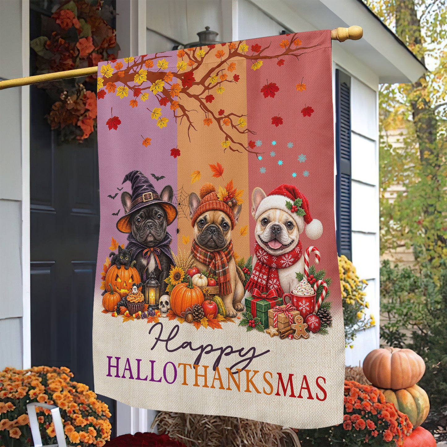 Funny Halloween Thanksgiving Christmas French Bulldog Dog Garden & House Flag, Happy HalloThanksMas Yard Flag, 3 Seasons In 1 Flag Gift For Dog Lover