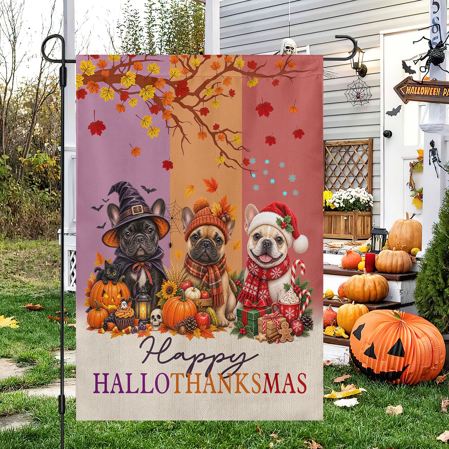 Funny Halloween Thanksgiving Christmas French Bulldog Dog Garden & House Flag, Happy HalloThanksMas Yard Flag, 3 Seasons In 1 Flag Gift For Dog Lover