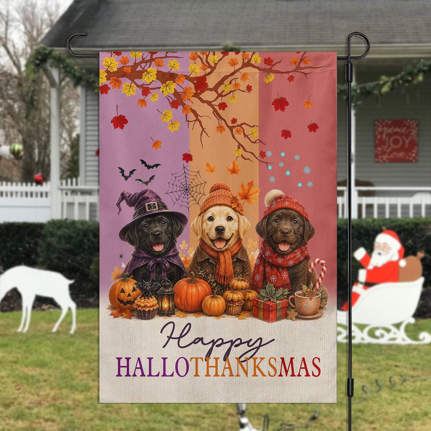 Funny Labrador Dog Garden & House Flag, Happy HalloThanksMas Yard Flag, 3 Seasons In 1 Flag Gift For Dog Lover