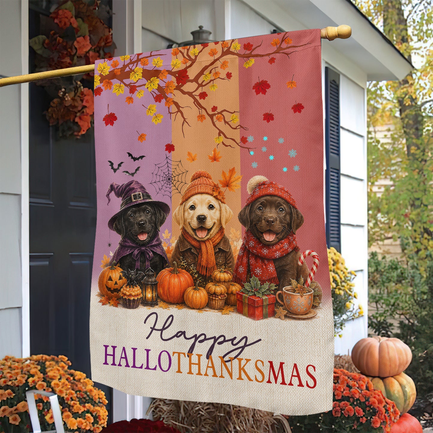 Funny Labrador Dog Garden & House Flag, Happy HalloThanksMas Yard Flag, 3 Seasons In 1 Flag Gift For Dog Lover
