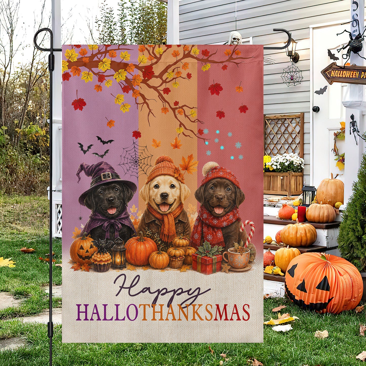 Funny Labrador Dog Garden & House Flag, Happy HalloThanksMas Yard Flag, 3 Seasons In 1 Flag Gift For Dog Lover