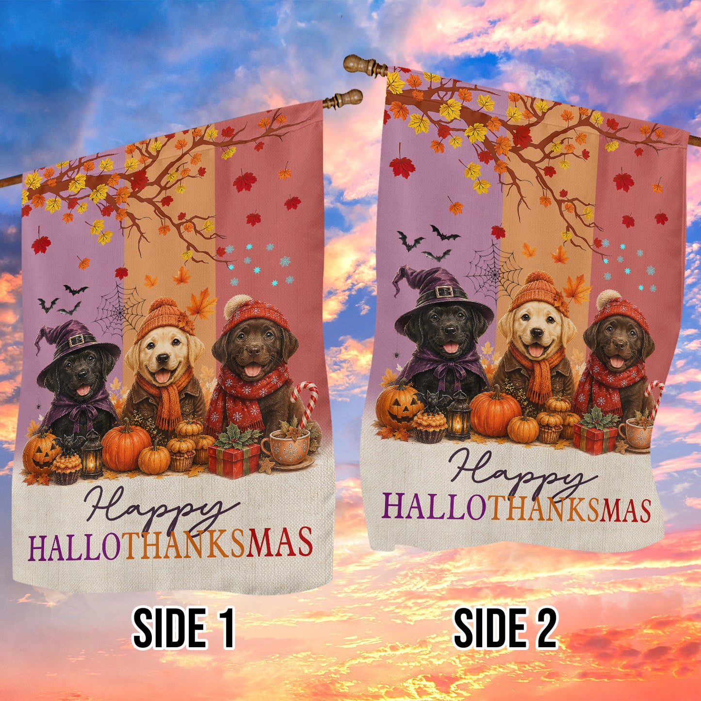 Funny Labrador Dog Garden & House Flag, Happy HalloThanksMas Yard Flag, 3 Seasons In 1 Flag Gift For Dog Lover