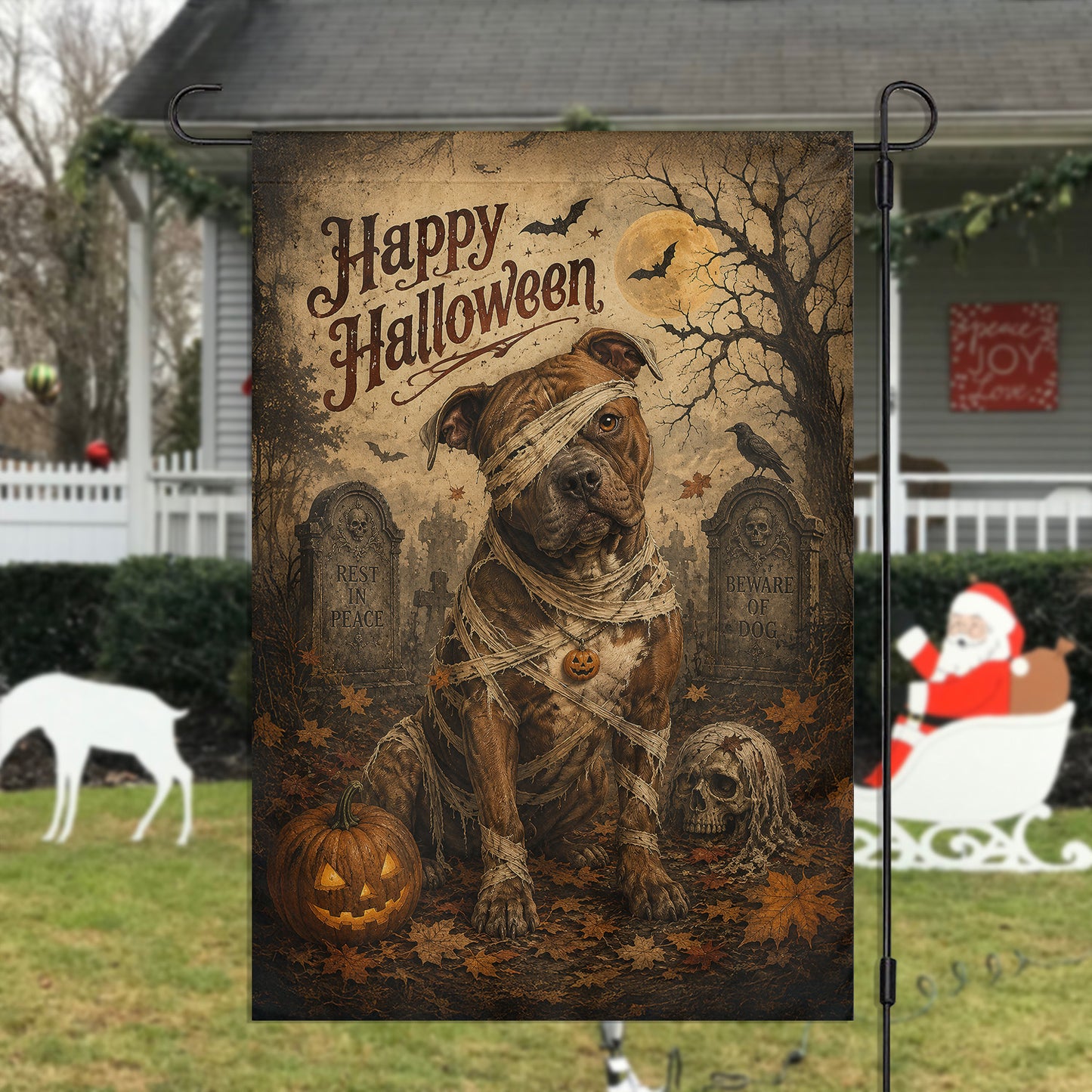 Vintage Halloween Pitbull Dog Garden & House Flag, Happy Halloween Yard Flag, Spooky Season Gift For Dog Lover