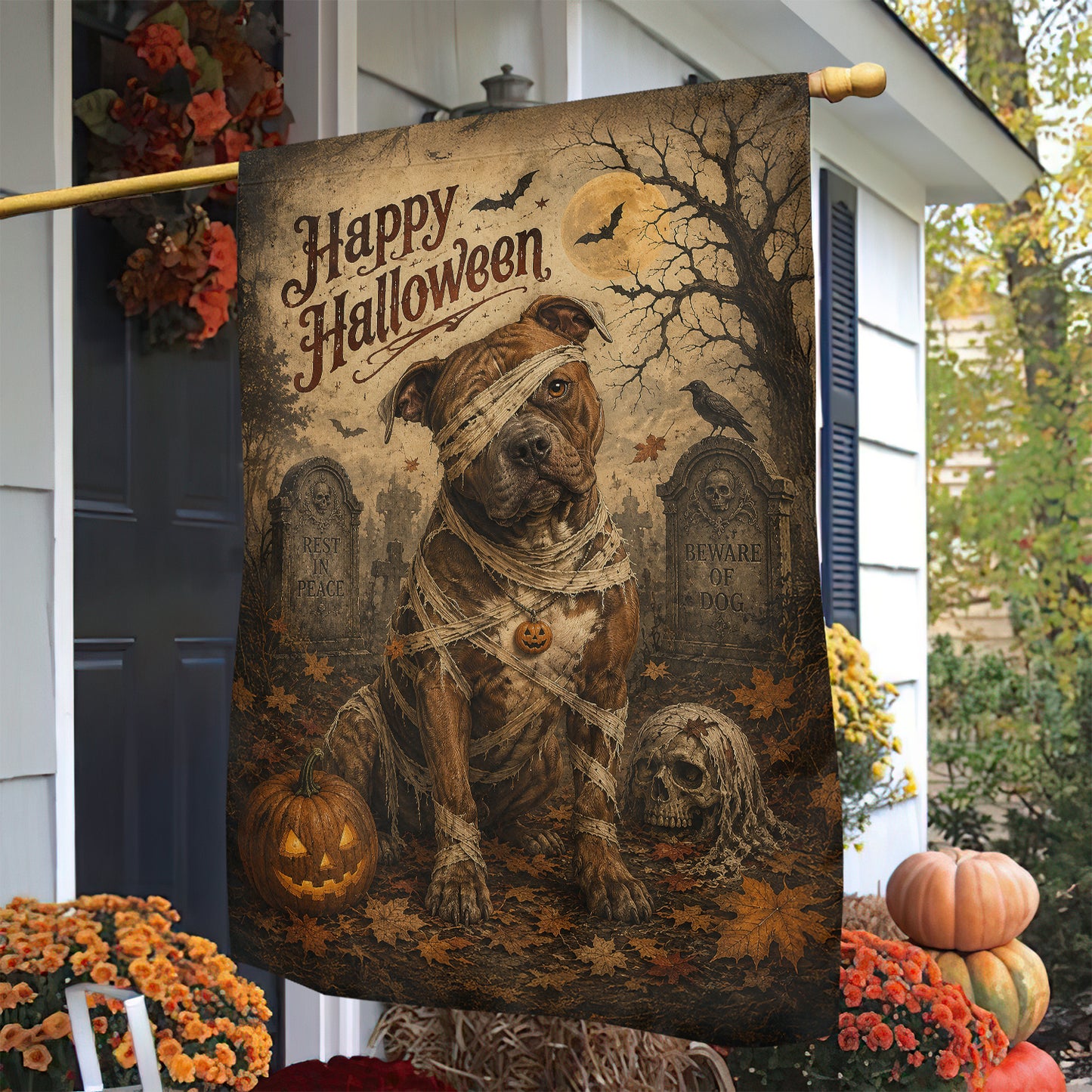Vintage Halloween Pitbull Dog Garden & House Flag, Happy Halloween Yard Flag, Spooky Season Gift For Dog Lover