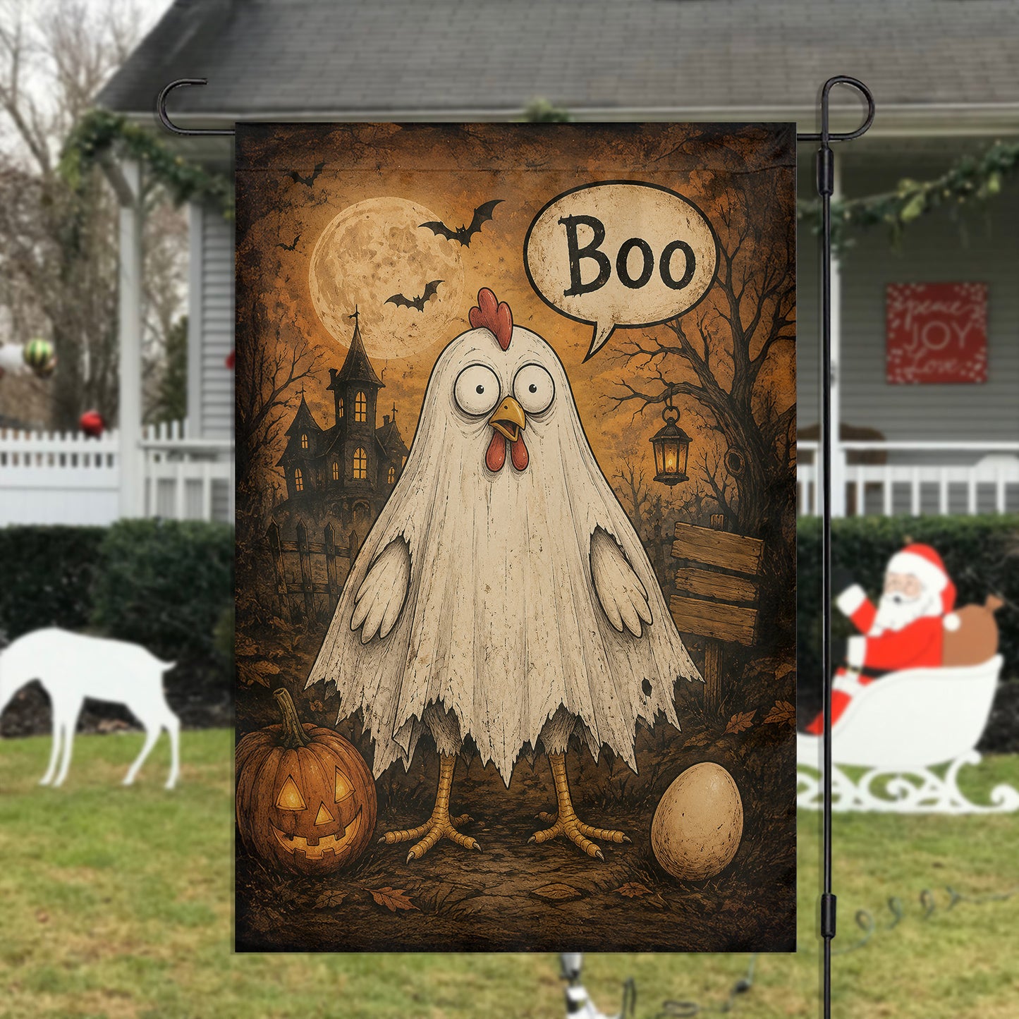 Vintage Halloween Chicken Garden & House Flag, Boo Ghost Chicken Yard Flag, Spooky Season Gift For Chicken Lover