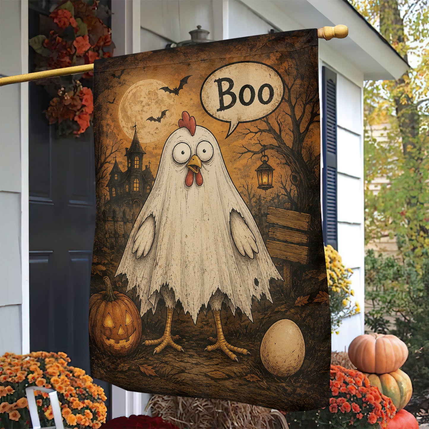 Vintage Halloween Chicken Garden & House Flag, Boo Ghost Chicken Yard Flag, Spooky Season Gift For Chicken Lover
