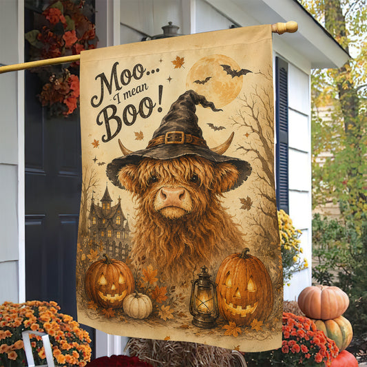 Funny Halloween Cow Witch Flag House Flag, Moo I Mean Boo Yard Flag Spooky Season Gift For Witch & Cow Lover
