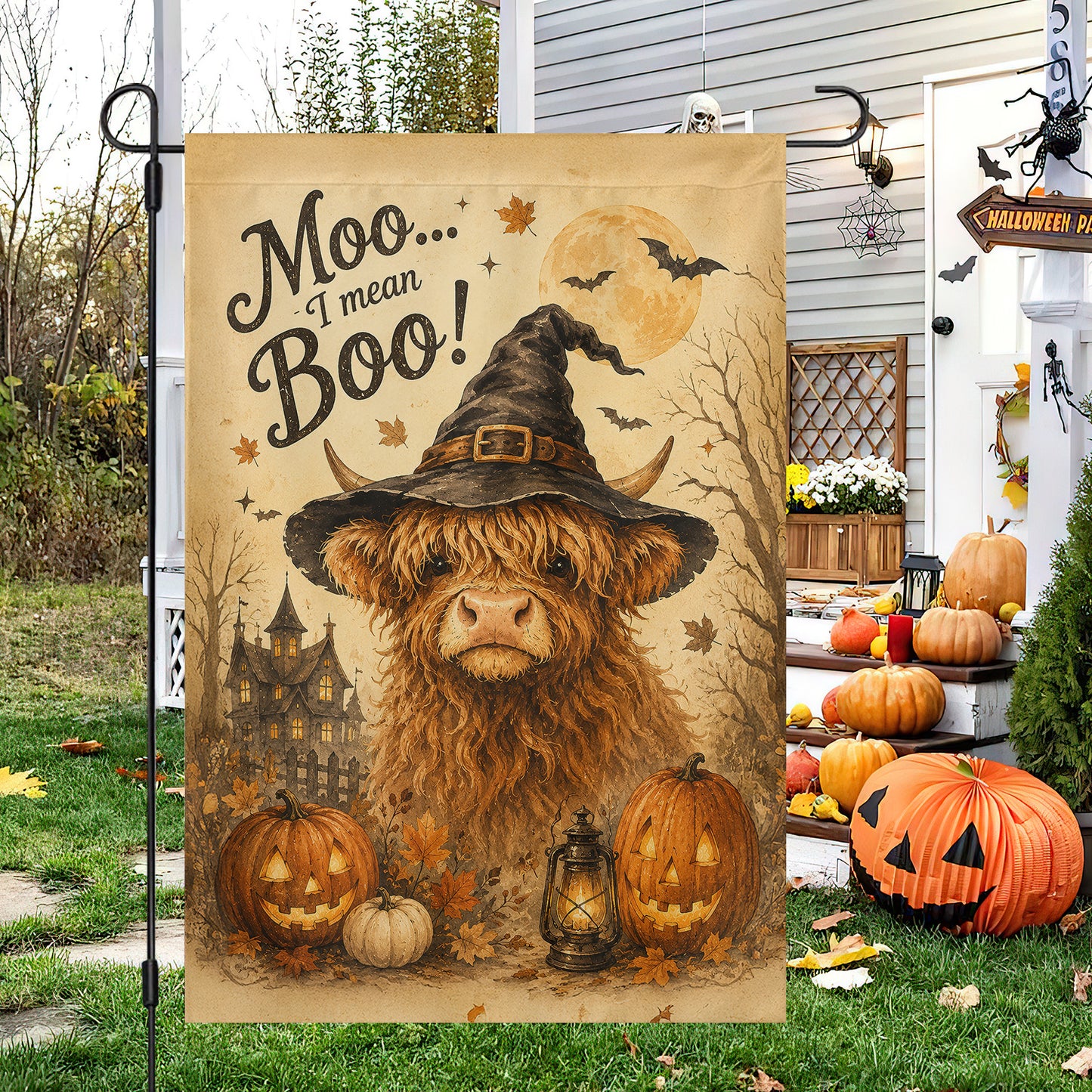 Funny Halloween Cow Witch Flag House Flag, Moo I Mean Boo Yard Flag Spooky Season Gift For Witch & Cow Lover