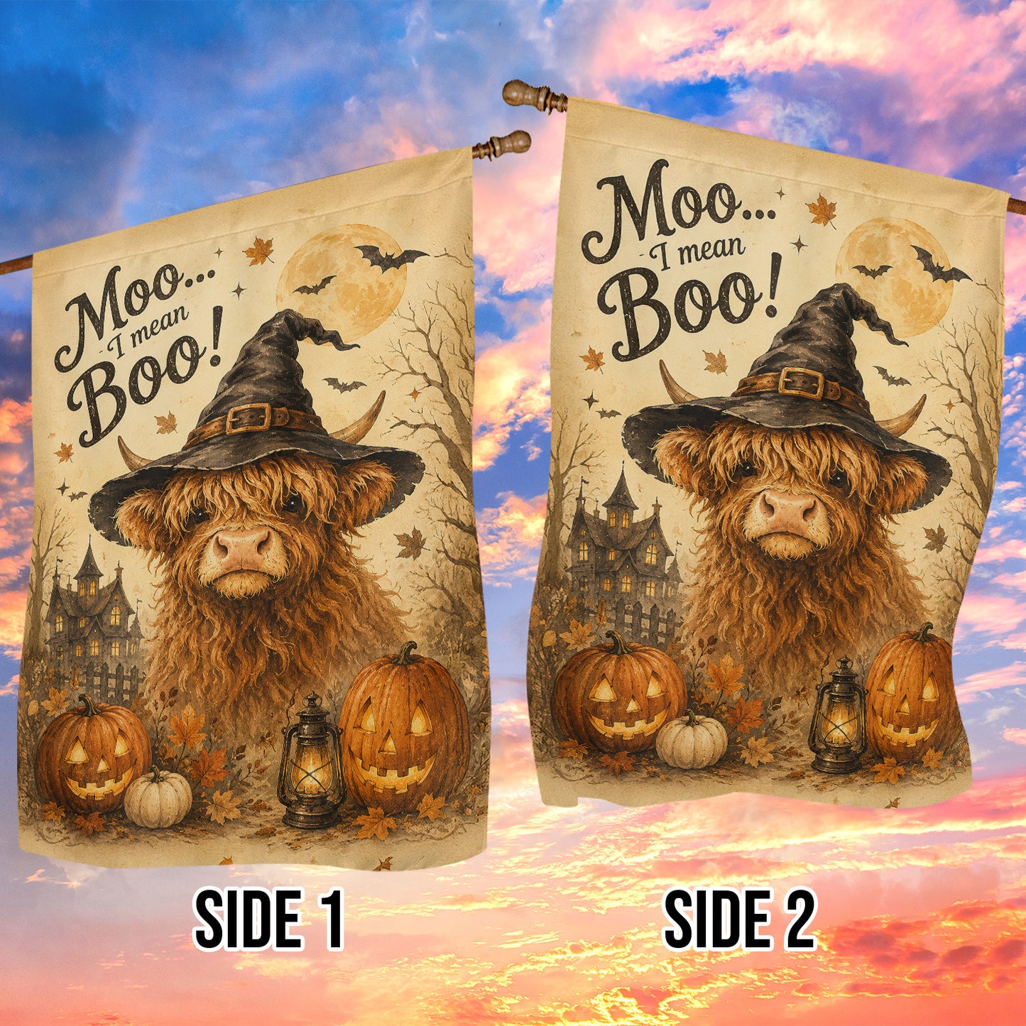 Funny Halloween Cow Witch Flag House Flag, Moo I Mean Boo Yard Flag Spooky Season Gift For Witch & Cow Lover