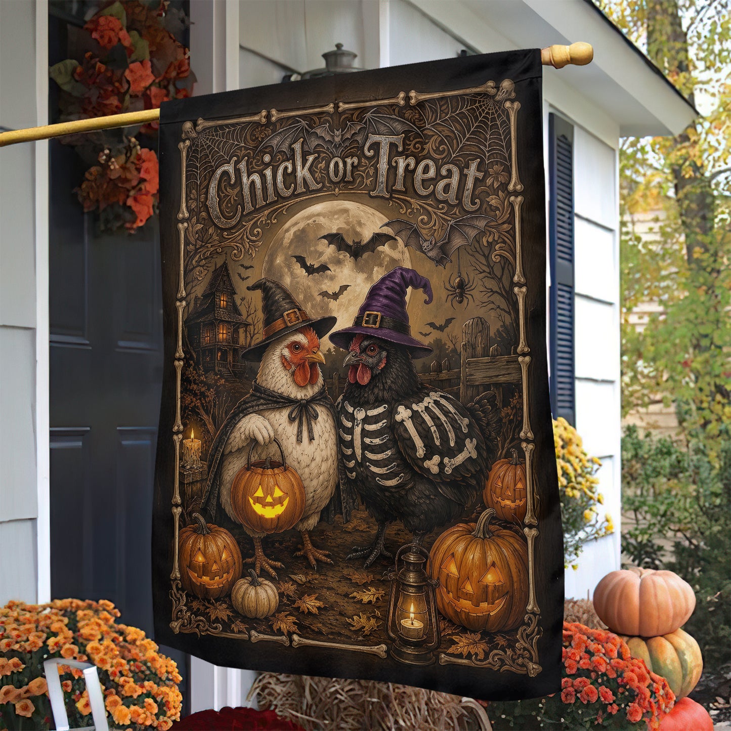 Halloween Chicken Garden & House Flag, Chick Or Treat Yard Flag, Spooky Season Gift For Chicken Lover
