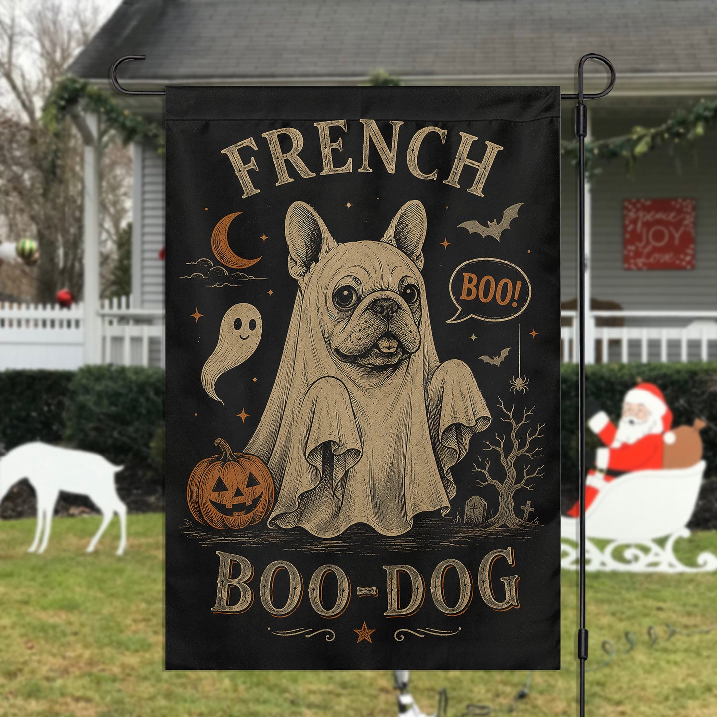 Vintage Halloween French Bulldog Dog Garden & House Flag, French Boo Dog Ghost Yard Flag, Spooky Season Gift For Dog Lover