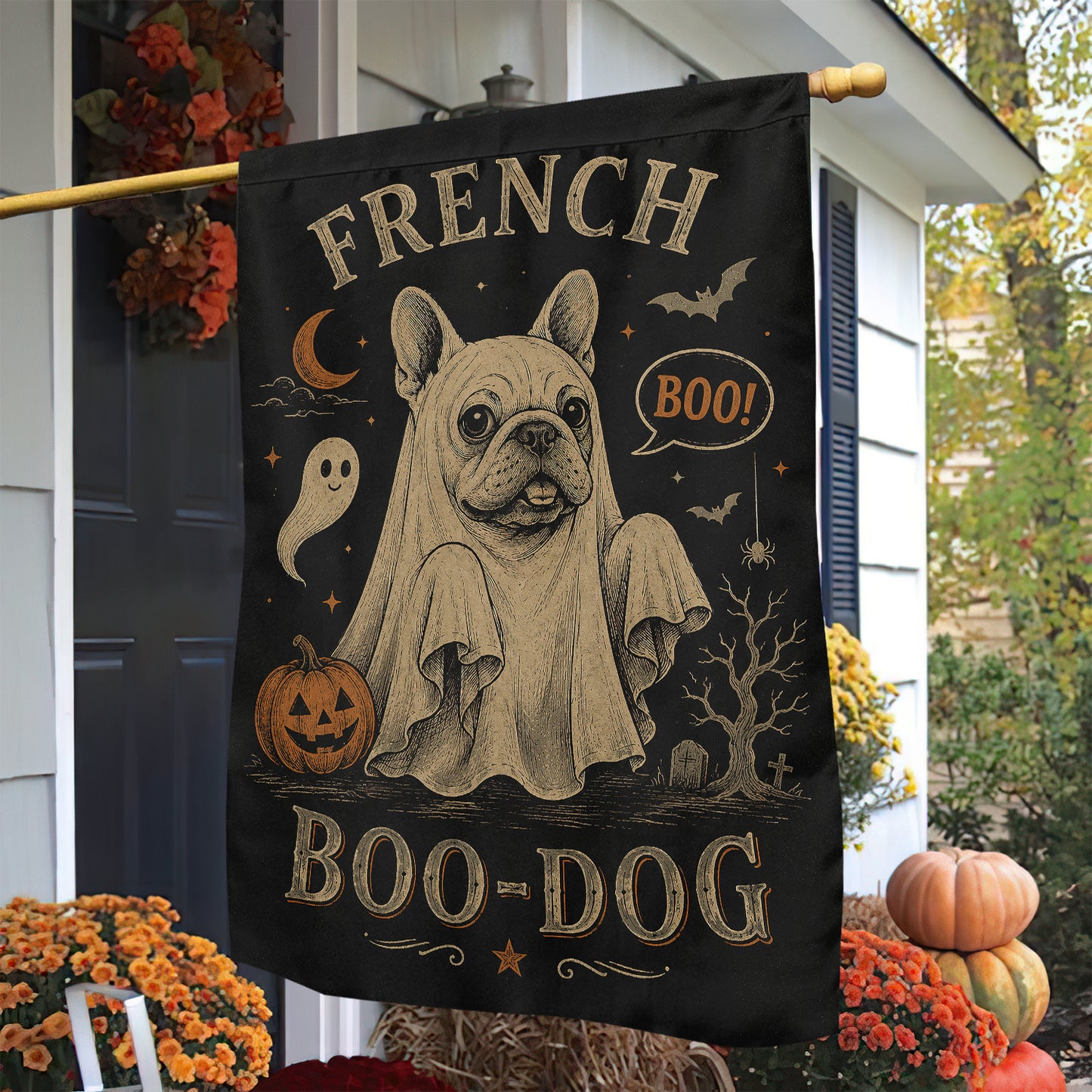 Vintage Halloween French Bulldog Dog Garden & House Flag, French Boo Dog Ghost Yard Flag, Spooky Season Gift For Dog Lover