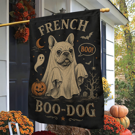 Vintage Halloween French Bulldog Dog Garden & House Flag, French Boo Dog Ghost Yard Flag, Spooky Season Gift For Dog Lover