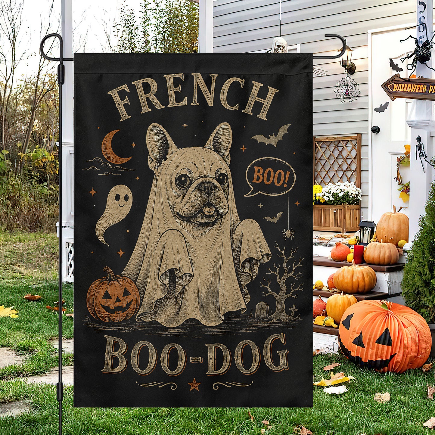 Vintage Halloween French Bulldog Dog Garden & House Flag, French Boo Dog Ghost Yard Flag, Spooky Season Gift For Dog Lover