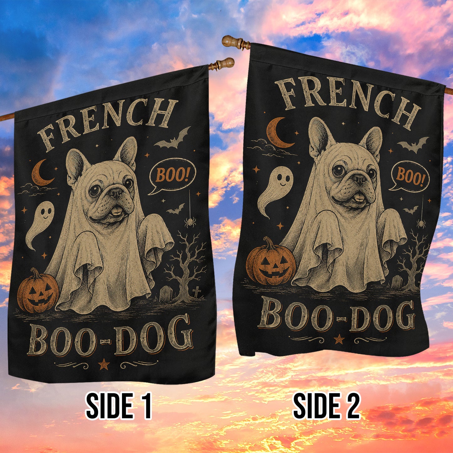 Vintage Halloween French Bulldog Dog Garden & House Flag, French Boo Dog Ghost Yard Flag, Spooky Season Gift For Dog Lover