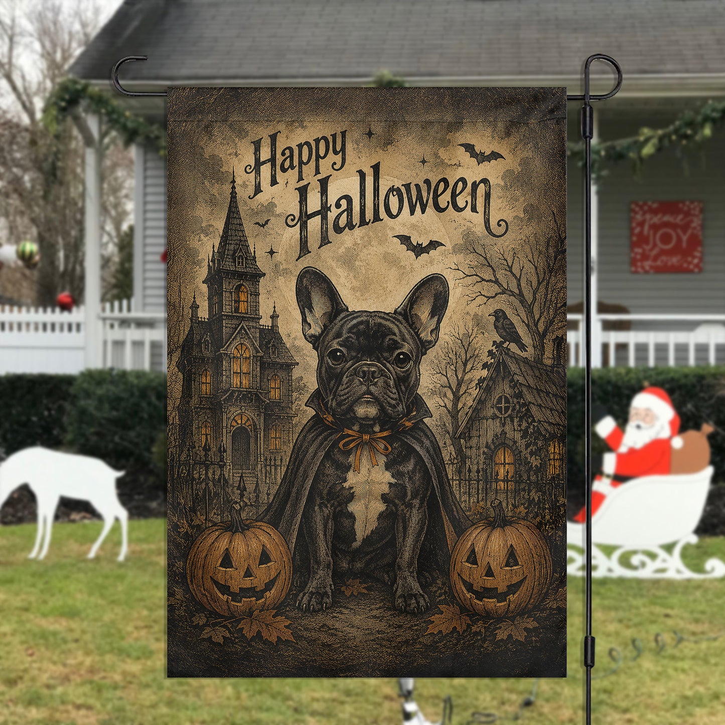 Vintage Halloween French Bulldog Dog Garden & House Flag, Happy Halloween Yard Flag, Spooky Season Gift For Dog Lover