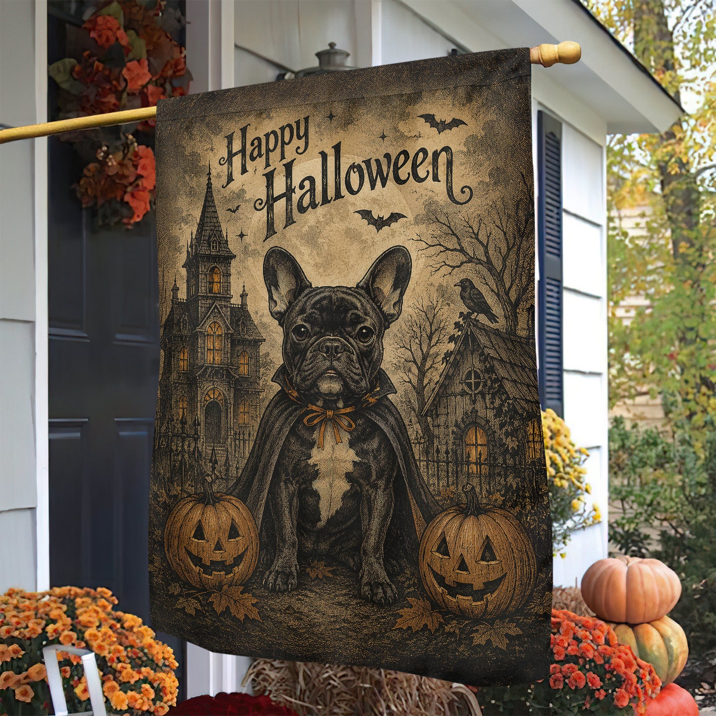 Vintage Halloween French Bulldog Dog Garden & House Flag, Happy Halloween Yard Flag, Spooky Season Gift For Dog Lover