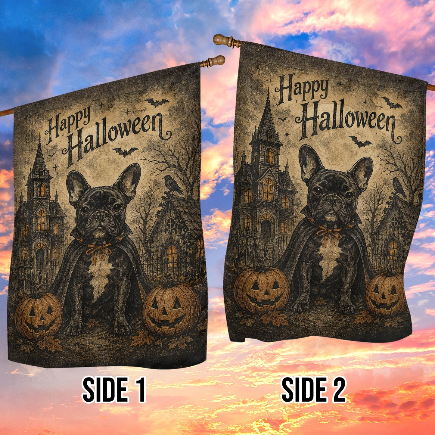 Vintage Halloween French Bulldog Dog Garden & House Flag, Happy Halloween Yard Flag, Spooky Season Gift For Dog Lover