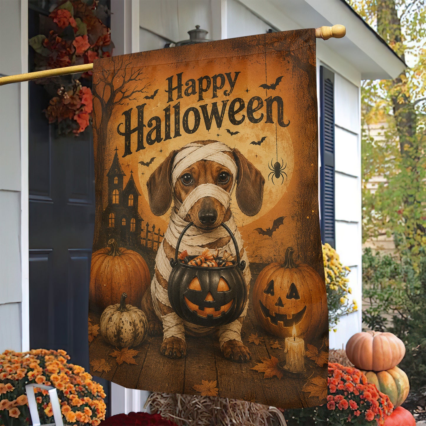 Vintage Halloween Dachshund Dog Garden & House Flag, Happy Halloween Yard Flag, Spooky Season Gift For Dog Lover