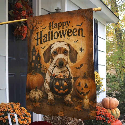 Vintage Halloween Dachshund Dog Garden & House Flag, Happy Halloween Yard Flag, Spooky Season Gift For Dog Lover