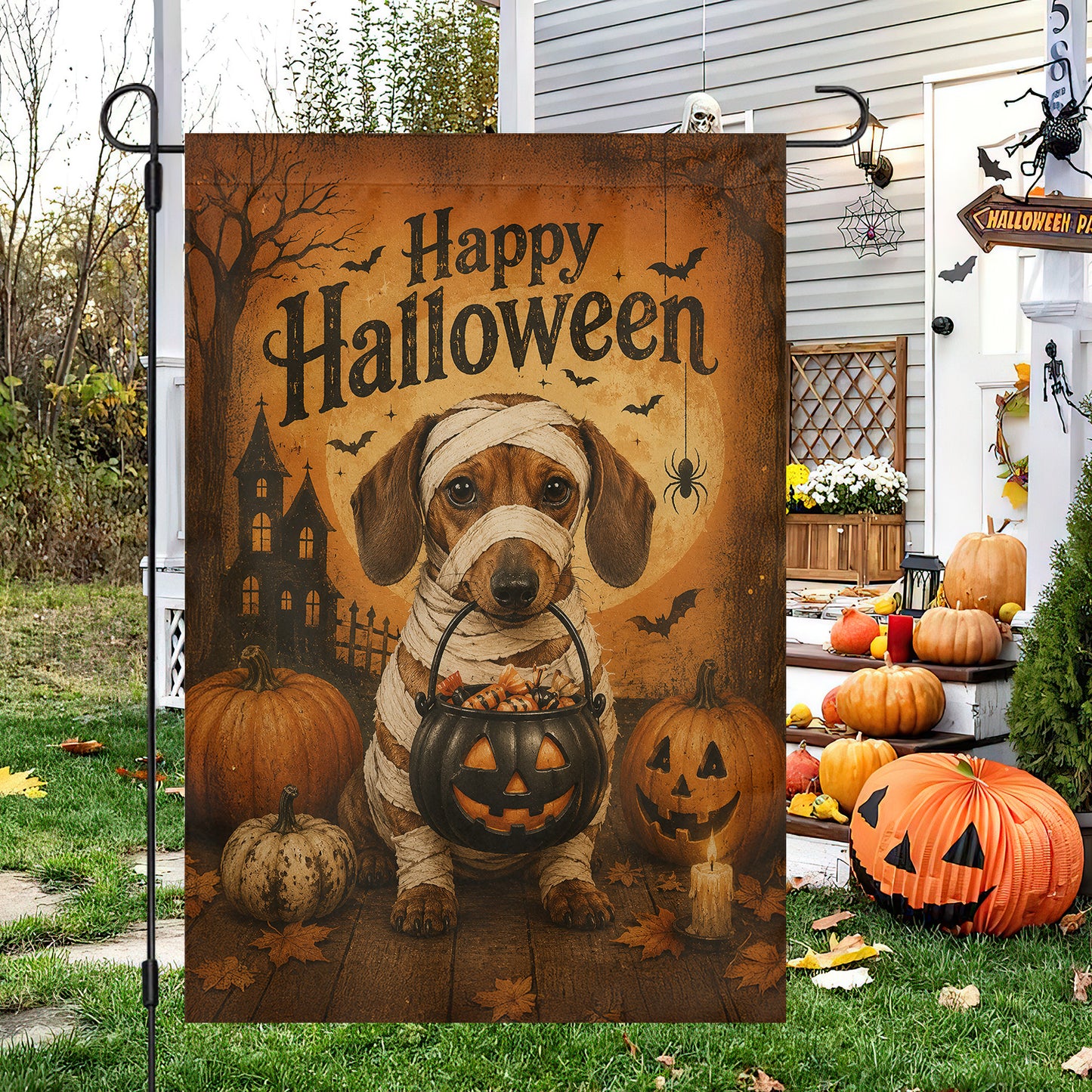 Vintage Halloween Dachshund Dog Garden & House Flag, Happy Halloween Yard Flag, Spooky Season Gift For Dog Lover