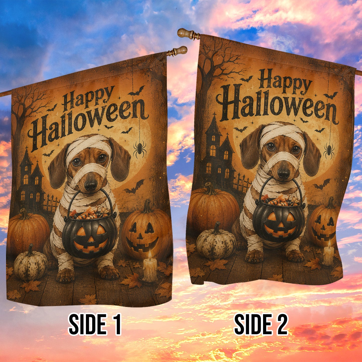 Vintage Halloween Dachshund Dog Garden & House Flag, Happy Halloween Yard Flag, Spooky Season Gift For Dog Lover