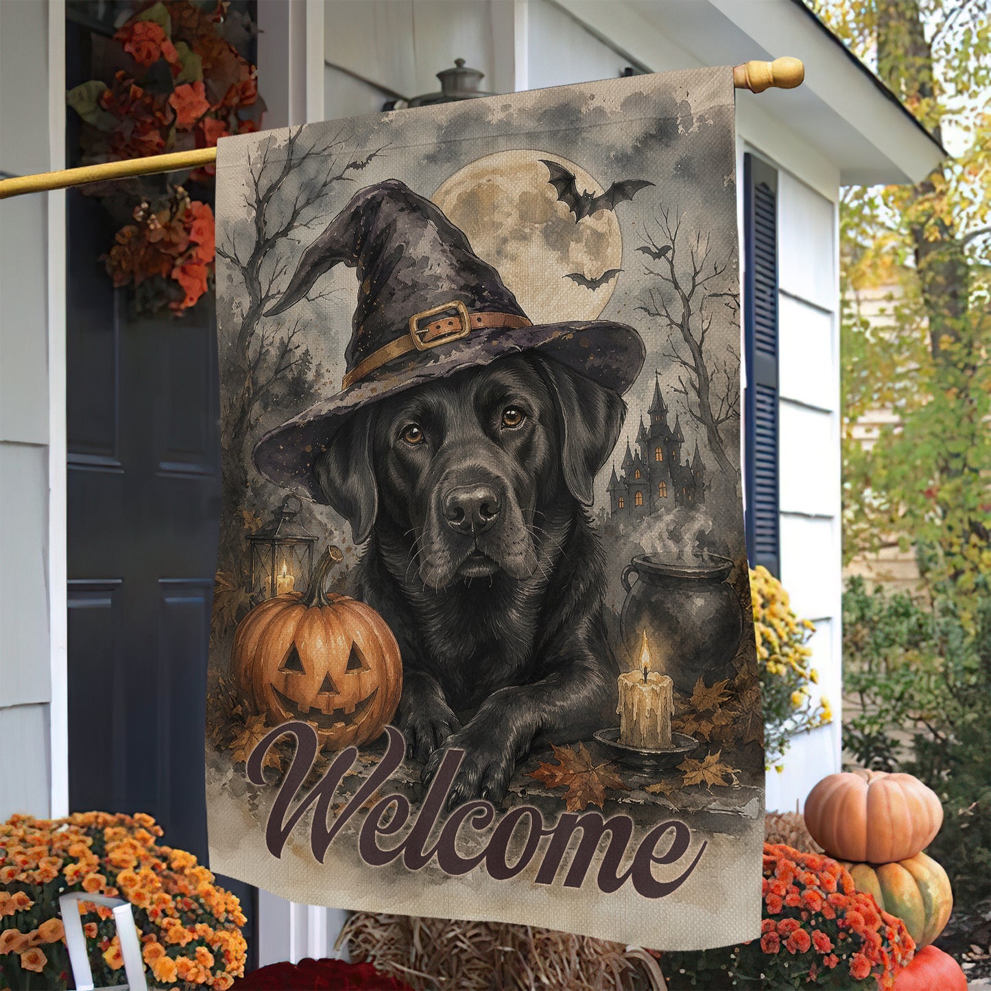Vintage Halloween Labrador Dog Garden & House Flag, Welcome Yard Flag, Spooky Season Gift For Dog Lover
