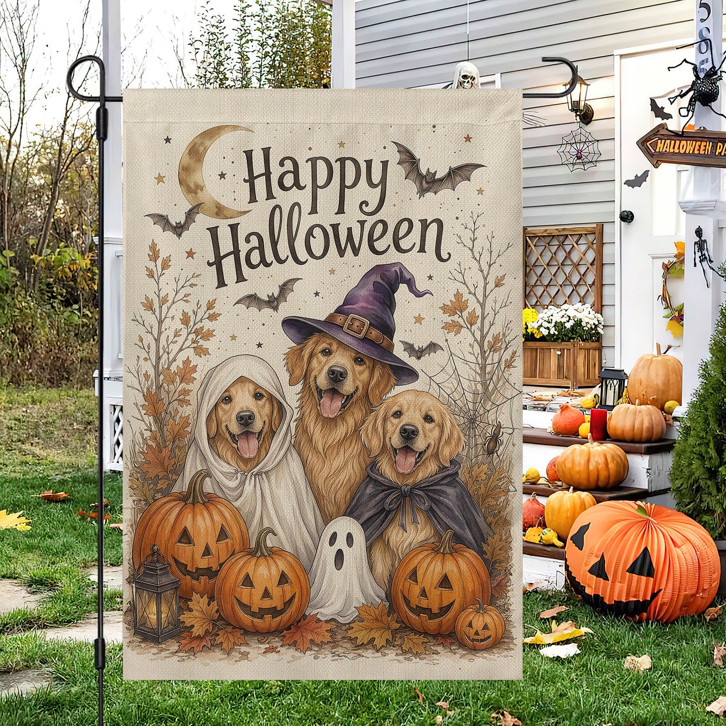 Vintage Halloween Golden Retriever Dog Garden & House Flag, Happy Halloween Yard Flag, Spooky Season Gift For Dog Lover