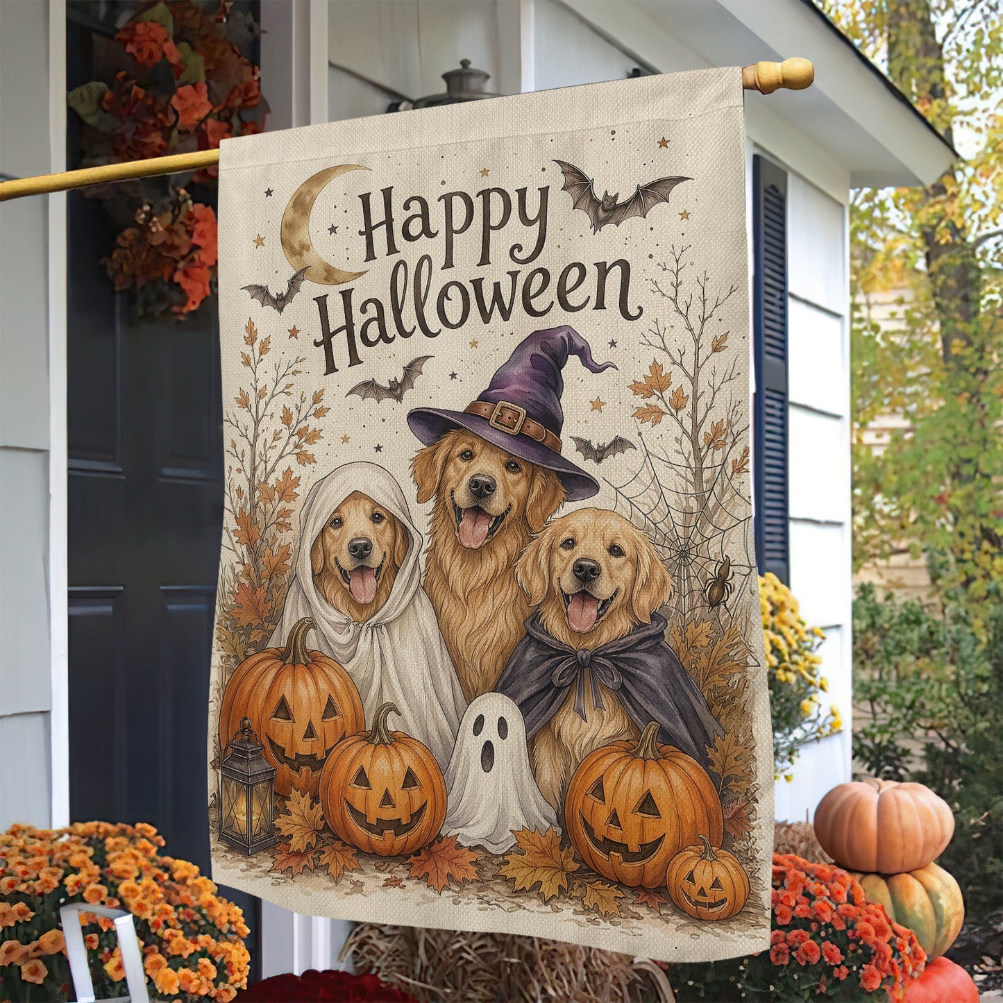 Vintage Halloween Golden Retriever Dog Garden & House Flag, Happy Halloween Yard Flag, Spooky Season Gift For Dog Lover