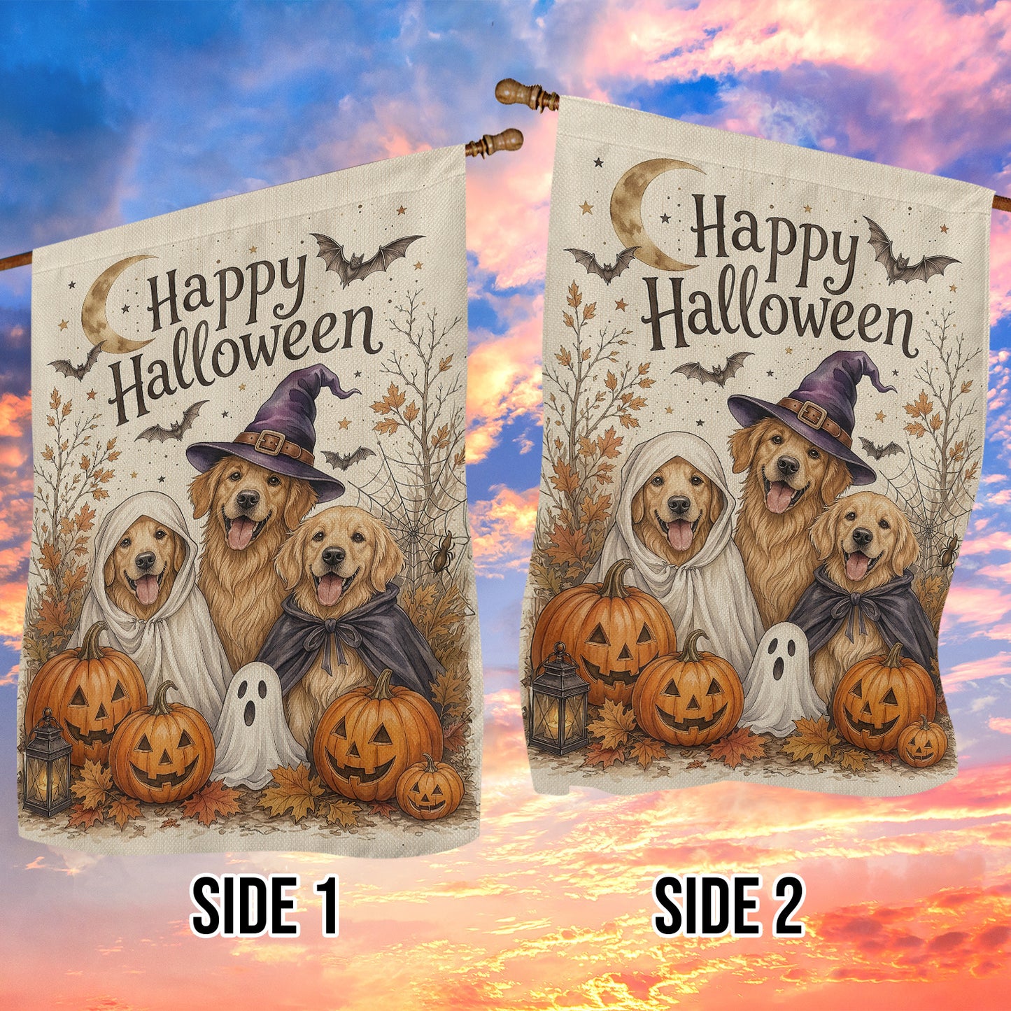 Vintage Halloween Golden Retriever Dog Garden & House Flag, Happy Halloween Yard Flag, Spooky Season Gift For Dog Lover