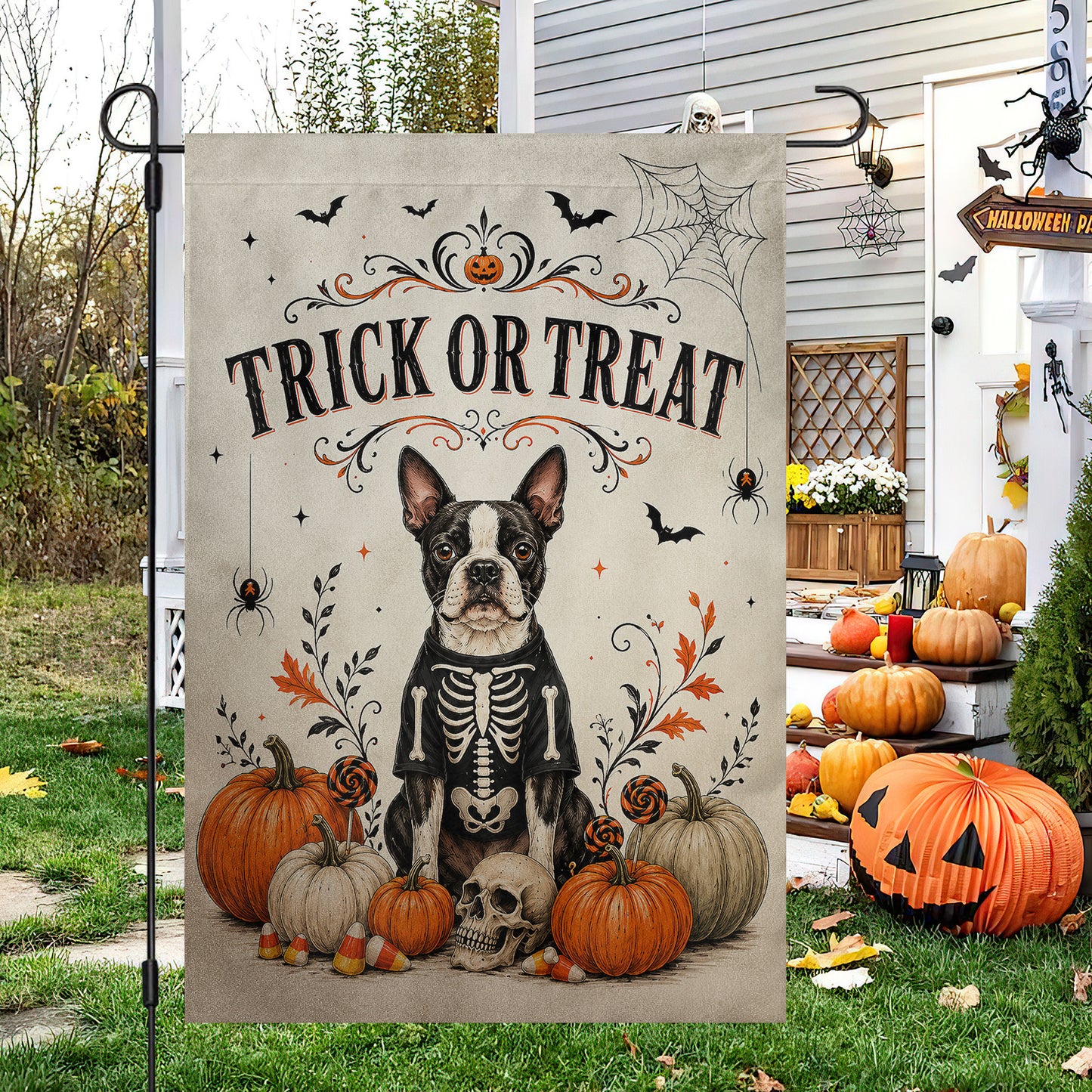 Vintage Halloween French Bulldog Dog Garden & House Flag, Trick Or Treat Yard Flag, Spooky Season Gift For Dog Lover
