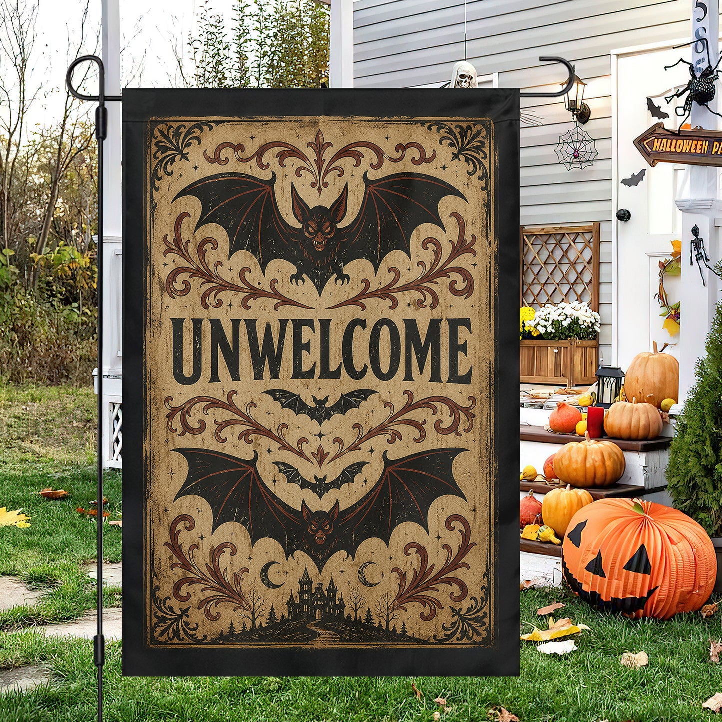 Vintage Halloween Gothic Bat Garden & House Flag, Unwelcome Yard Flag, Spooky Season Gift For Bat Lover