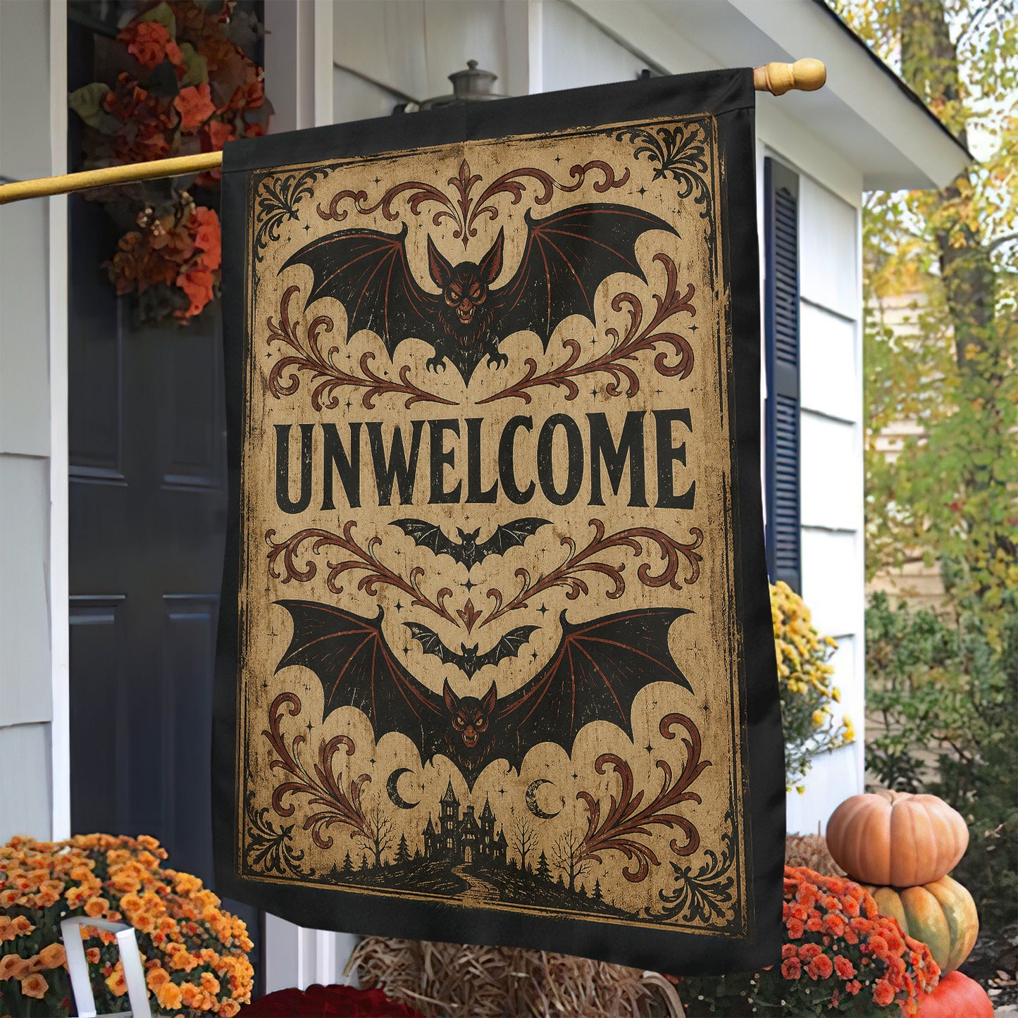Vintage Halloween Gothic Bat Garden & House Flag, Unwelcome Yard Flag, Spooky Season Gift For Bat Lover