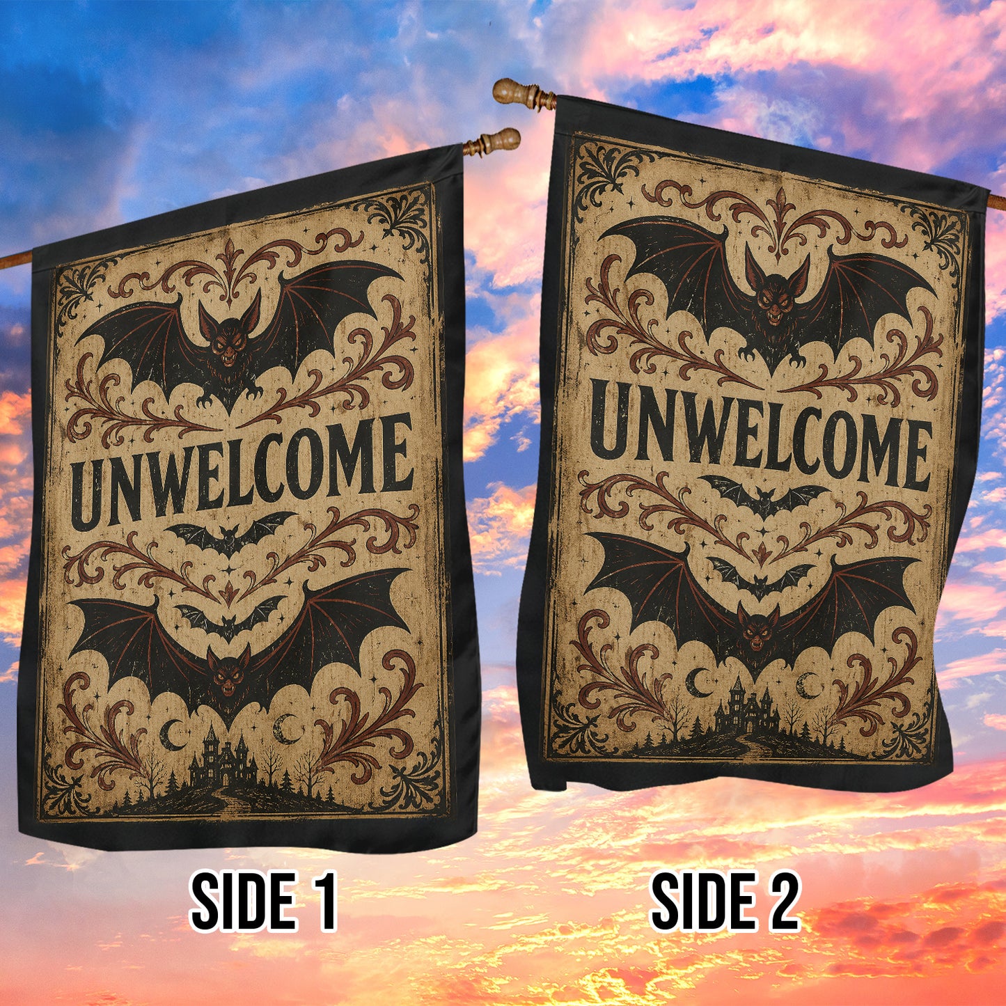 Vintage Halloween Gothic Bat Garden & House Flag, Unwelcome Yard Flag, Spooky Season Gift For Bat Lover