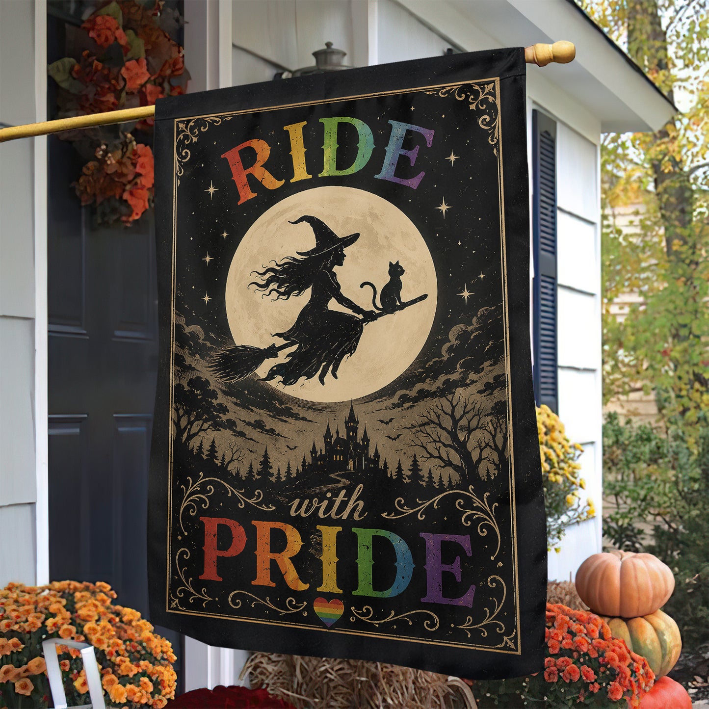 Halloween Rainbow Witch LGBT Pride Garden & House Flag, Ride Pride Yard Flag, Spooky Season Gift For Witch Lover