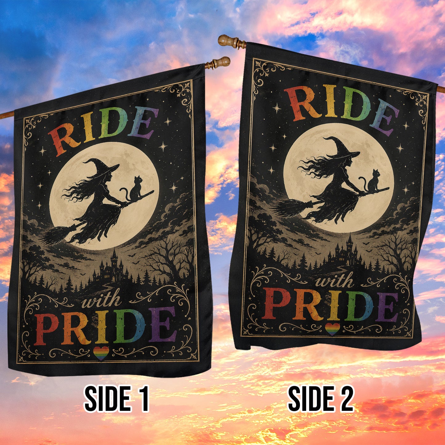 Halloween Rainbow Witch LGBT Pride Garden & House Flag, Ride Pride Yard Flag, Spooky Season Gift For Witch Lover