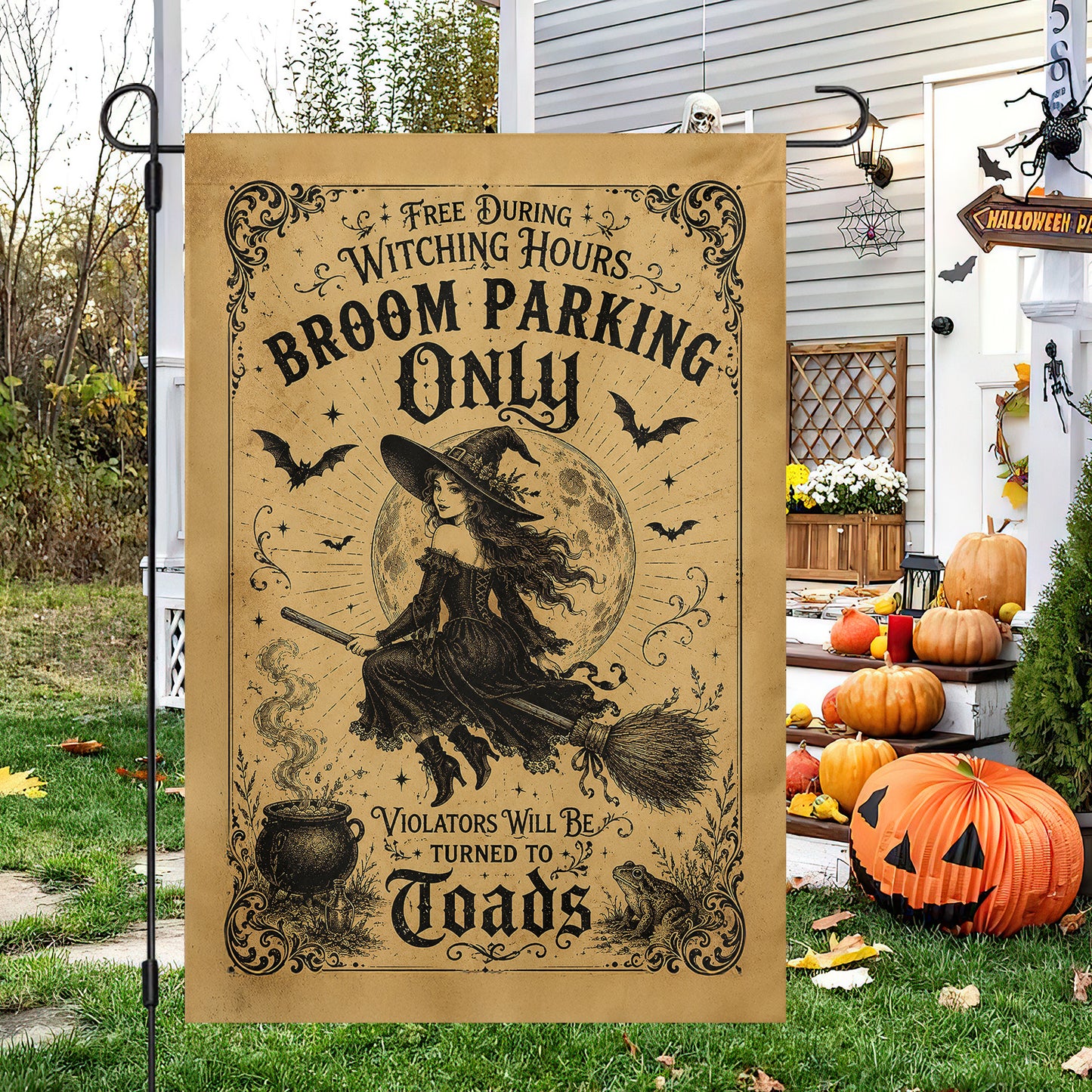 Vintage Halloween Witch Garden & House Flag, Broom Parking Only Yard Flag Spooky Season Gift For Witch Lover